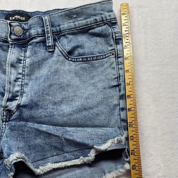 Express Denim Shorts Women's Repreve Stretch Shortie High Rise Frayed Blue Sz 10 - Picture 5 of 13